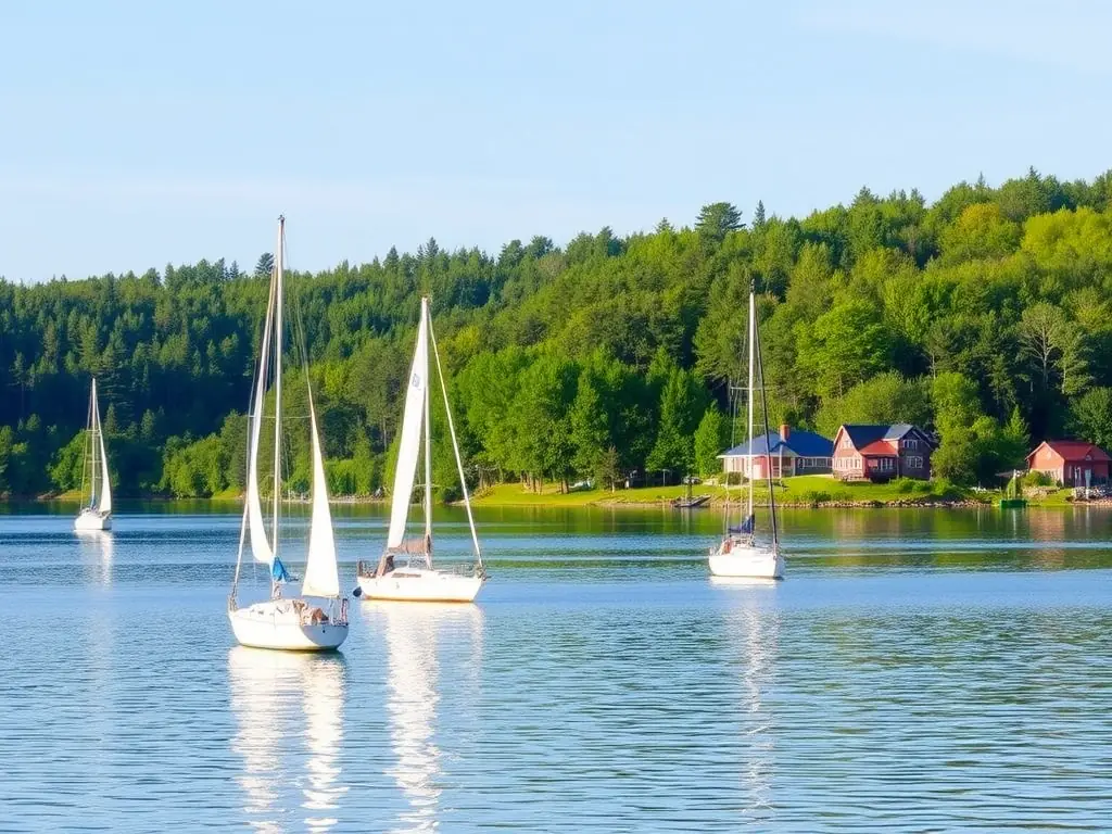 A picturesque view of the Masurian Lake District, with sailboats on the water, green forests, and a charming lakeside village.