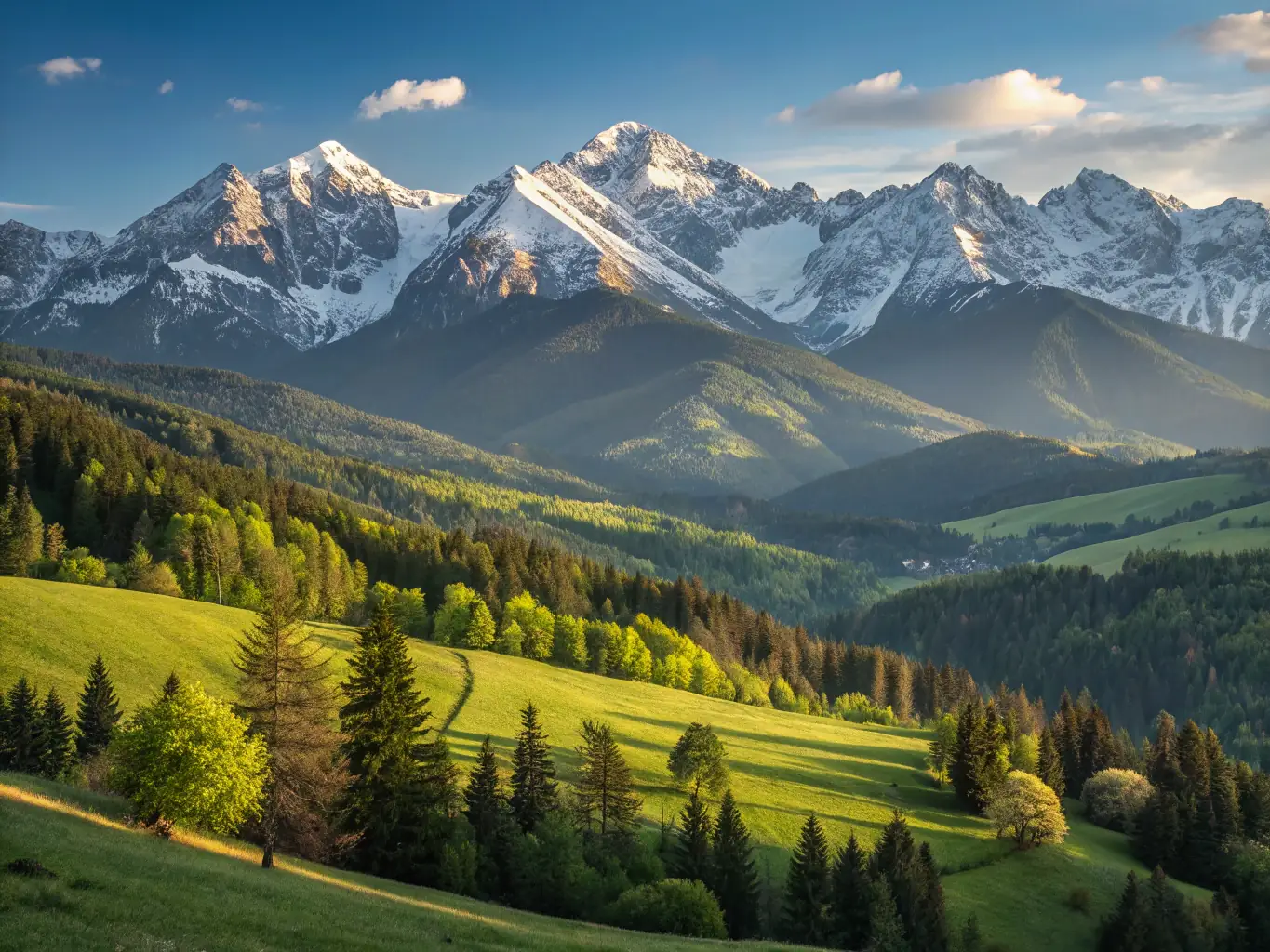 A panoramic shot of the Tatra Mountains, with snow-capped peaks, alpine meadows, and a clear blue sky.