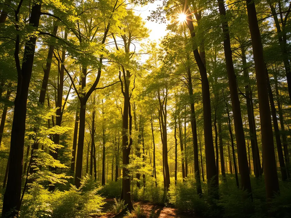 A scenic view of the Białowieża Forest, showcasing its ancient trees and diverse ecosystem, with sunlight filtering through the canopy.